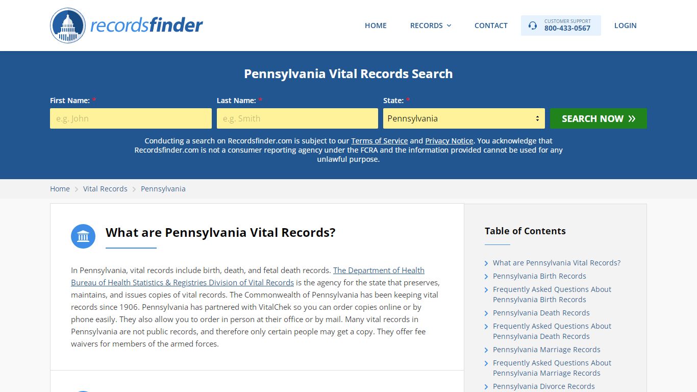Pennsylvania Vital Records - Search PA Vital Records Online - RecordsFinder